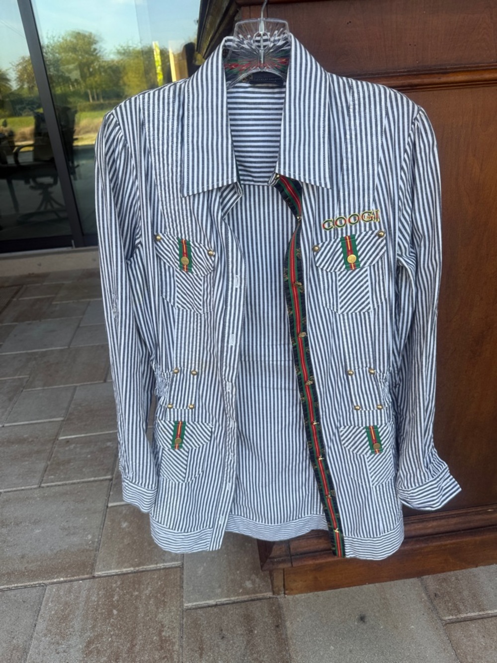 COOGI Navy and White Striped Button-Up Shirt Jacket with Green Red Accents